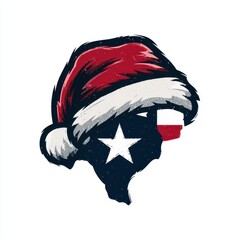 Creative graphic design featuring Texas state silhouette in Santa hat with holiday theme and state flag colors