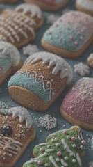Colorful gingerbread cookies decorated for a festive celebration during winter holidays - Low Contrast