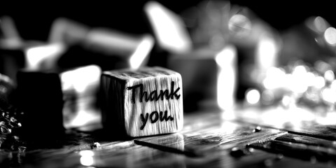 Thank you cubes placed on a wooden surface surrounded by decorative elements highlighting gratitude in an artistic display