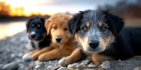 Three adorable puppies lounging by the riverbank during hour at sunset