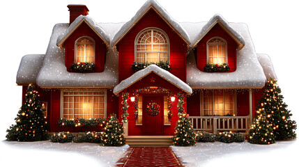 Cozy Christmas Home: A charming red house adorned with festive decorations and a dusting of snow, embodies the warmth and spirit of the holiday season.