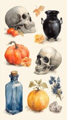 Decorative autumn-themed artwork featuring skulls, pumpkins, and a cauldron in a seasonal arrangement