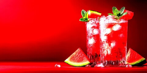 Refreshing watermelon drinks with mint on a vibrant red background - High Contrast