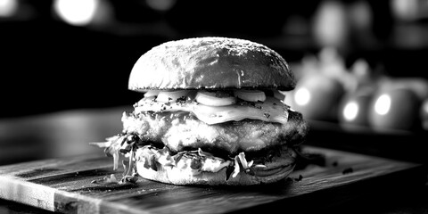 Delicious chicken sandwich topped with cheese and fresh vegetables served at a restaurant