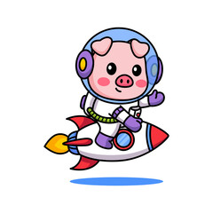 Cute Pixel Art Pig Astronaut Riding A Rocketship With A Blue Helmet And White Spacesuit Against A Transparent Background