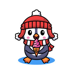 Cute Pixel Art Penguin Wearing Red Winter Hat and Scarf Enjoying Pink Ice Cream Cone with Transparent Background and Soft Blue Shadow