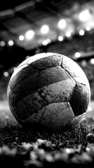 Soccer ball resting on the field during an evening match with fans in the background