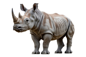 Fototapeta premium A majestic white rhinoceros, standing majestically, showcasing its thick skin and prominent horn. background removed