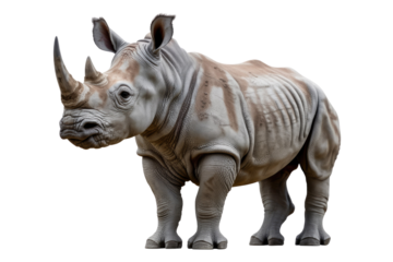 A majestic white rhinoceros, standing majestically, showcasing its thick skin and prominent horn. background removed