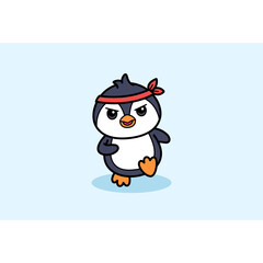 Cute Penguin Character With Red Headband Running Against Light Blue Background Animated Style