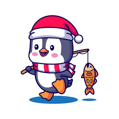 Cute Penguin Wearing Christmas Hat and Scarf Walking with Fishing Rod and Fish on Transparent Background