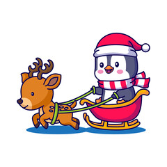 Cute Penguin Wearing Santa Hat and Scarf Pulling Reindeer on Sleigh with Transparent Background Festive Christmas Scene