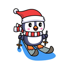 Cute Penguin Wearing Santa Hat And Scarf Skiing Downhill On Snowy Blue Slope With Ski Poles In Winter Season