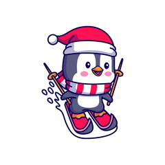 Cute Penguin Wearing Santa Hat and Scarf Skiing with Poles Animated Pixel Art Style Christmas Holiday Season Winter Sport Fun