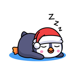 Cute Penguin Wearing Santa Hat Sleeping Peacefully on White Background with Zzz Symbols Above