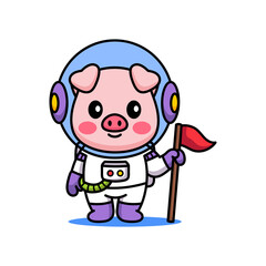 Cute Piglet Astronaut Holding Red Flag In Outer Space Adventures And Space Exploration Theme With Transparent Background