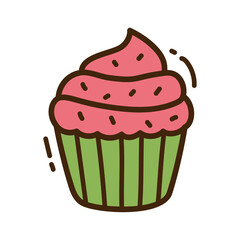 Cute Pink Frosted Cupcake with Green Wrapper and Sprinkles on Transparent Background