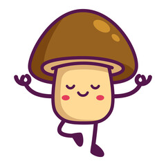 Cute pixel art mushroom character with closed eyes and blushing cheeks doing a yoga pose with a brown cap and beige stem against a transparent background