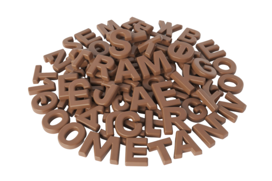 A pile of chocolate letters, forming a random arrangement, ideal for confectionery or alphabet-themed designs. background removed