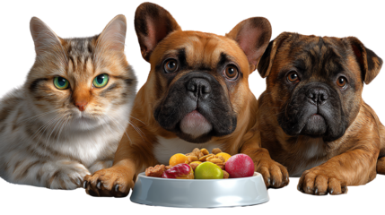 Feline and Canine Feast: A charming gathering of a cat and two dogs, united around a vibrant bowl brimming with a delectable assortment of pet food.