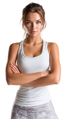 Fototapeta premium PNG of Confident young woman in a white athletic tank top, exuding strength and determination.