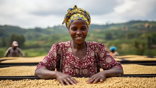 Smiling Woman In A Red Patterned Dress And Yellow Blue Headscarf Examining Coffee Beans On A Drying Rack With Lush Green Hills In The Background Under A Cloudy Sky