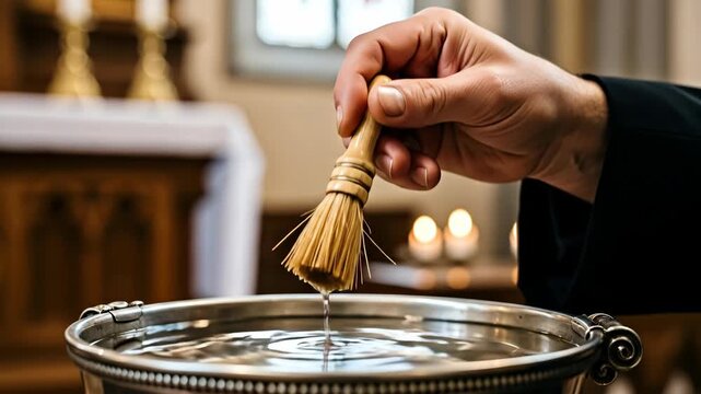 Man dipping wooden aspergillum into holy water during religious ceremony, Christian tradition footage