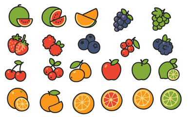 Colorful collection of fruits displayed in a playful and artistic style, showcasing a variety of shapes and colors
