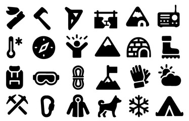 Outdoor adventure icons showcasing tools, weather, and activities for exploring nature and winter sports