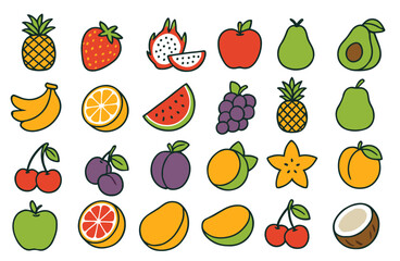 Colorful collection of cartoon fruits arranged in fun patterns on a white background for educational purposes