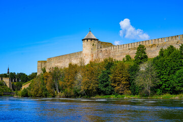Provision tower of the Ivangorod Fortress, a Russian medieval castle located on the banks of the...