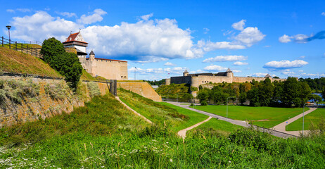 Ivangorod Fortress, a Russian medieval castle located on the banks of the Narva river in the...