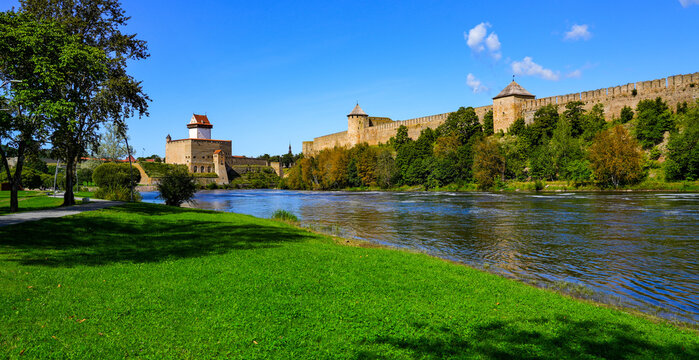 Ivangorod Fortress, a Russian medieval castle located on the banks of the Narva river in the Leningrad Oblast across the International border with Estonia and the EU