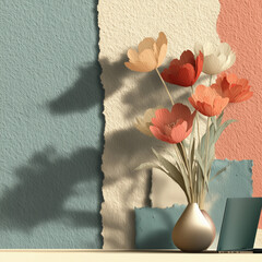 Decorative vase with tulips on pastel background for International Women’s Day  
