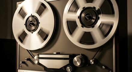 Vintage reel-to-reel tape recorder spinning, close-up of magnetic audio tape reels in motion, concept of audiovisual heritage, sound archive and analog preservation
