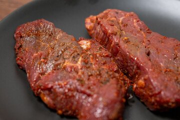 Close-Up of Marinated Raw Steak on a Plate
