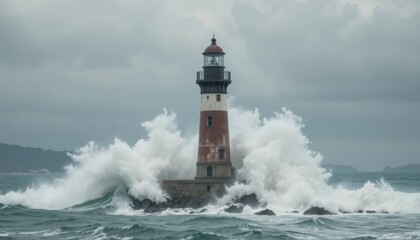 Obraz premium Lighthouse Stands Strong Against Powerful Waves on a Stormy Day Near the Coast