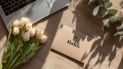 Greeting card with text 8 March beside laptop and tulips on desk  