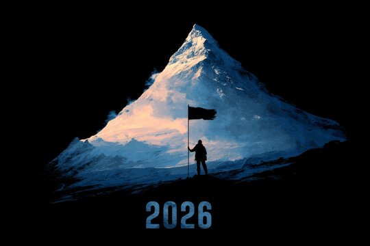 Hiker standing beside flag showing 2026 at mountain peak during sunrise - Powered by Adobe