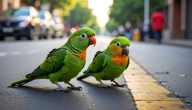 Two vibrant green parrots stand on a city street, their bright plumage contrasting beautifully with the gray asphalt and blurred urban background.
