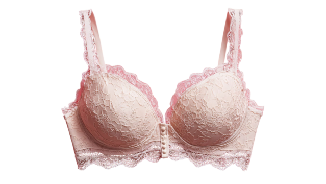 PNG of Elegant nude lace bra with delicate detailing, showcasing femininity and comfort in soft hues.