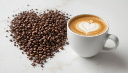 Heart-shaped Coffee Bean Arrangement Beside a Latte in a White Cup on a Light Surface