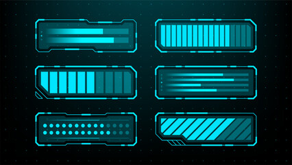 Collection of futuristic head up display (HUD) progress bar interface elements. Digital data loading and processing status display for software.
