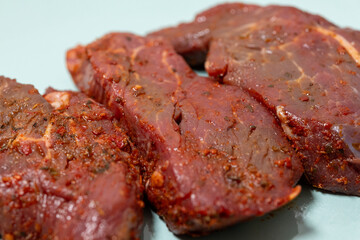 Close-Up of Marinated Raw Steak on a Plate
