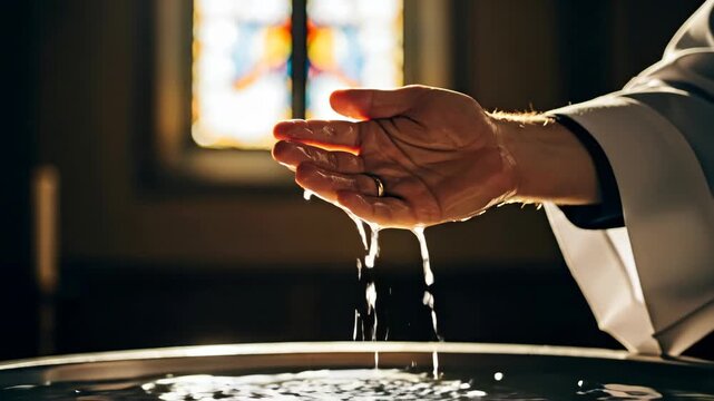 A man's hand pours water during a religious ritual, concept of baptism and sacrament in a church, ceremonial footage.