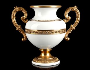 A meticulously crafted, ornate white vase with decorative gold accents displays elegant, classical design.