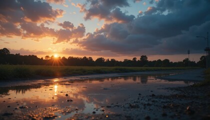 Sunset Reflection on a Quiet Rural Road Creates a Picturesque Evening Scene