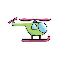 A cartoon illustration of a green toy helicopter with pink accents isolated on a white background