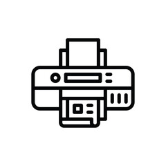 A black and white line art icon of a printer with paper output and input on a transparent background