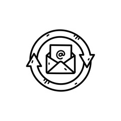 A black and white line art icon representing a cyclical process with an open envelope containing an at symbol inside a circle with two opposing arrows indicating flow on a transparent background